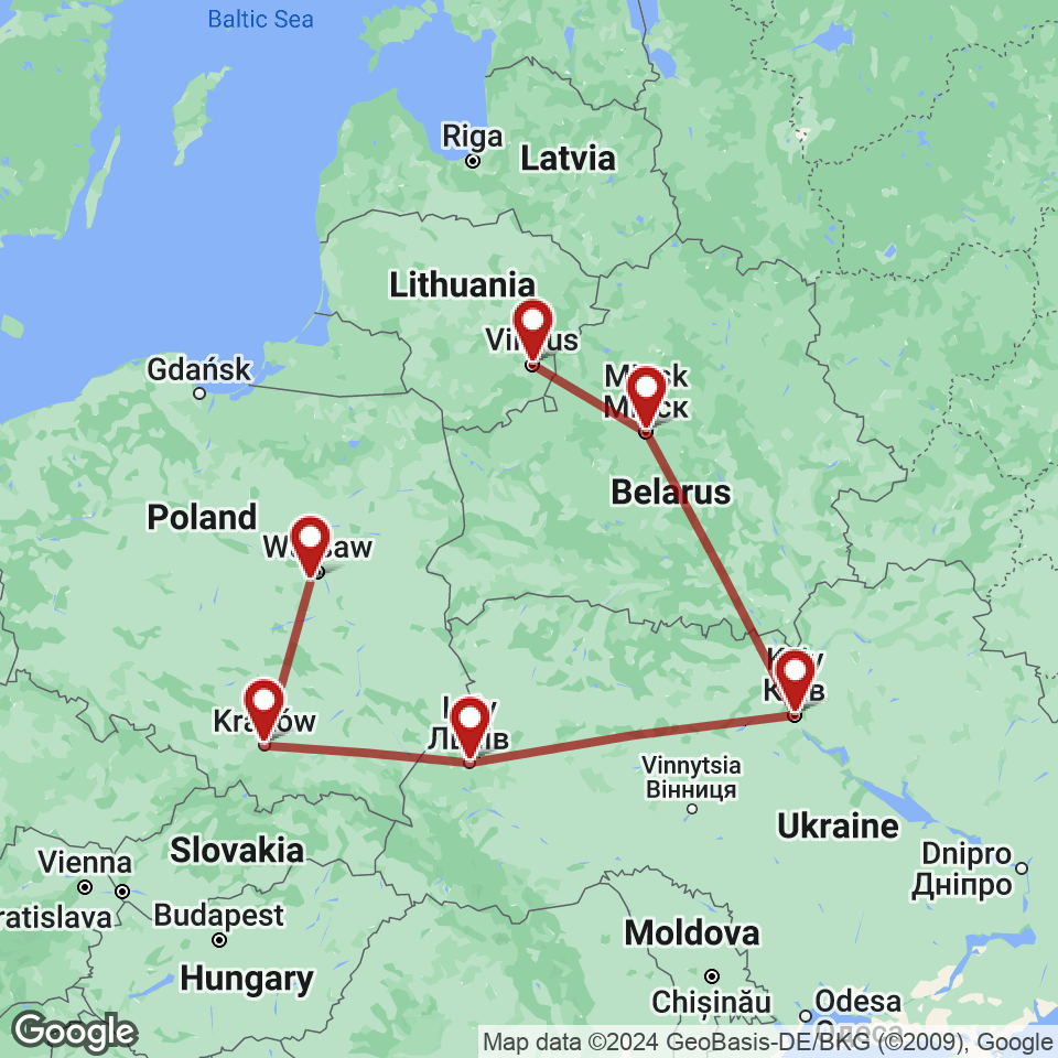 Route for Vilnius, Minsk, Kyiv, Lviv, Krakow, Warsaw tour